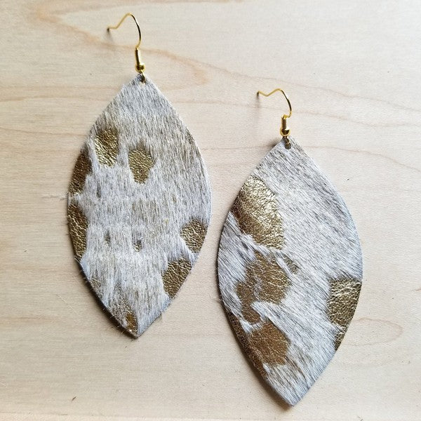 Cream and Gold Hair on Hide Leather Oval Earrings
