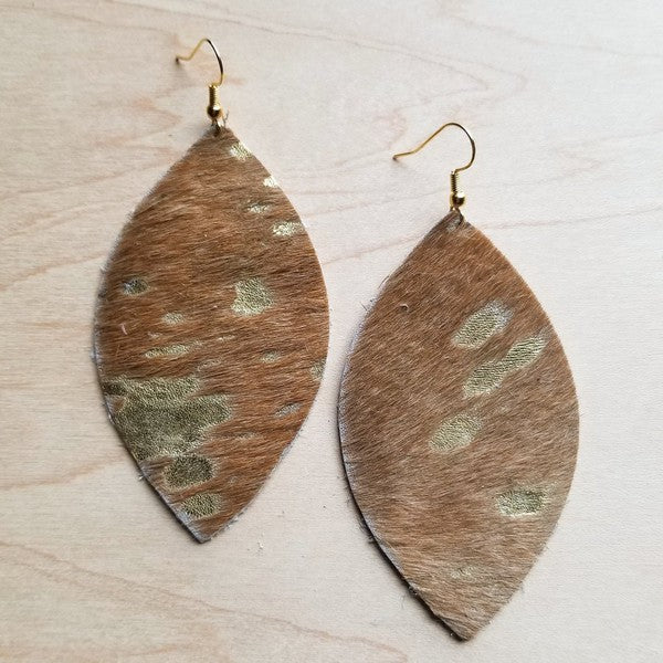 Tan and Gold Metallic Hair Leather Oval Earrings