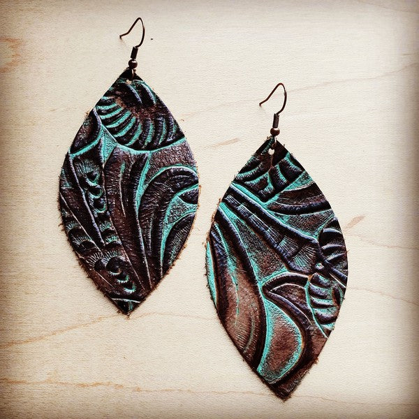 Turquoise/Brown Floral Leather Oval Earrings