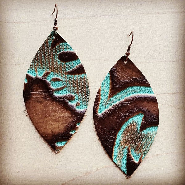 Turquoise  Laredo Embossed Leather Oval Earrings