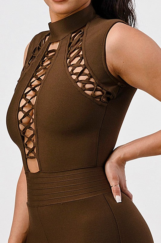 close up side view of Sexy Brown Criss Cross Detail Bandage Romper