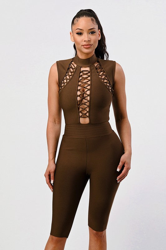 Sexy Brown Criss Cross Detail Bandage Romper