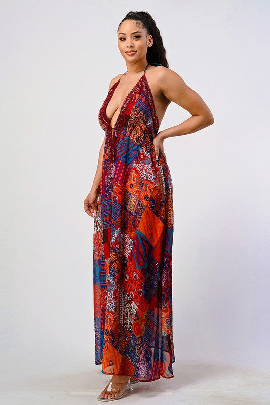multi color Boho Print Sequin Trim Maxi Dress
