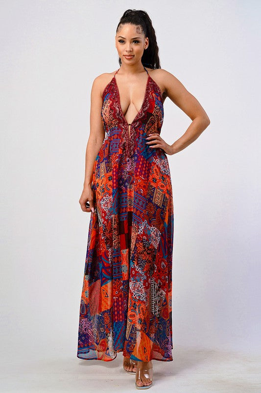 multi color Boho Print Sequin Trim Maxi Dress