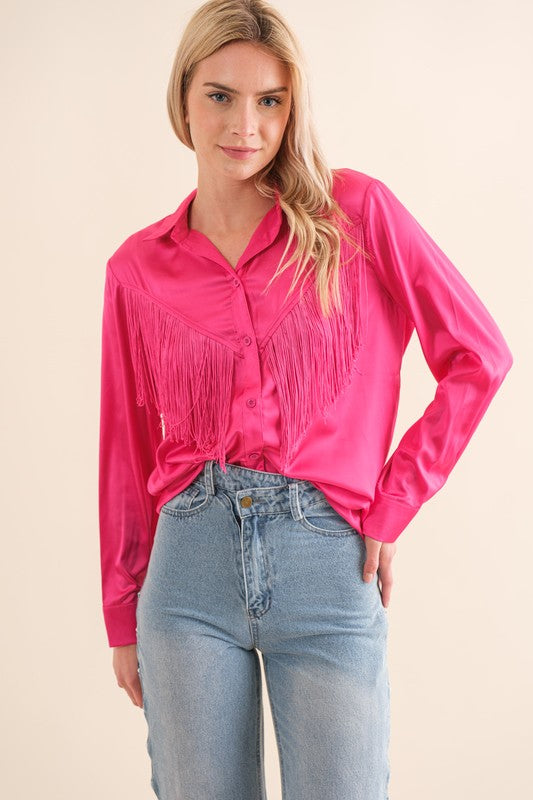 hot pink Satin Shirt Blouse with Chevron Fringe