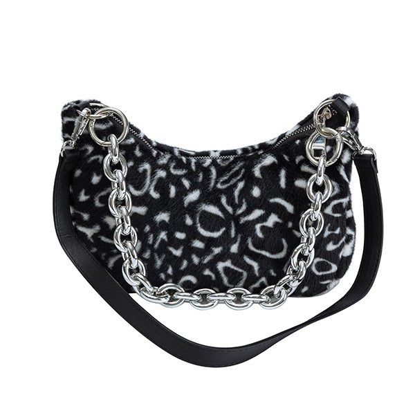 Black Plush Leopard Print Shoulder Bag