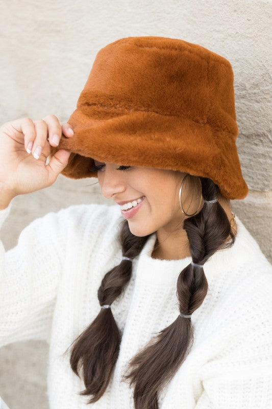 Plush Faux Fur Bucket Hat camel color