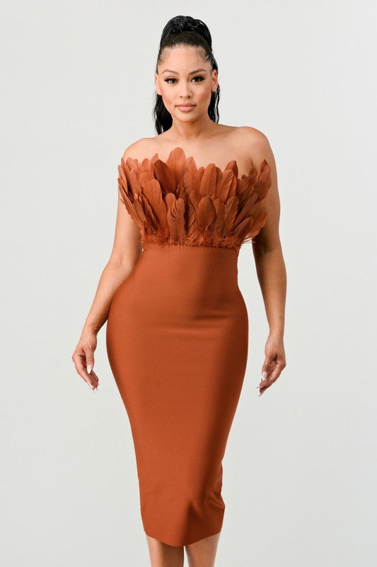 Feather Bandeau Midi Dress in Brown
