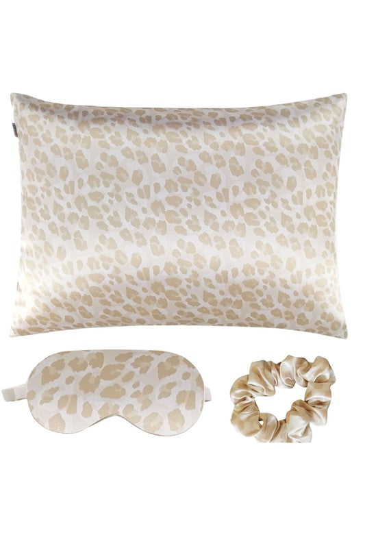 beige leopard print Satin Pillowcase Sleep Set
