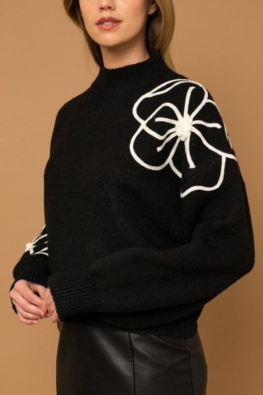 Cozy Flower Embroidery Mock Neck Sweater