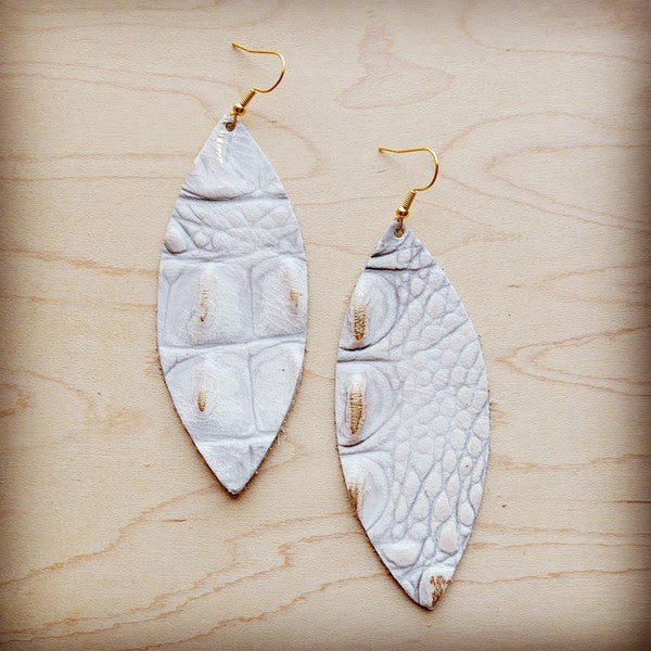 White and Gold Gator Narrow Leather Oval Earrings