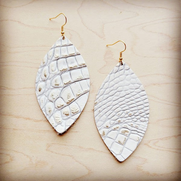 White and Gold Gator Leather Oval Earrings