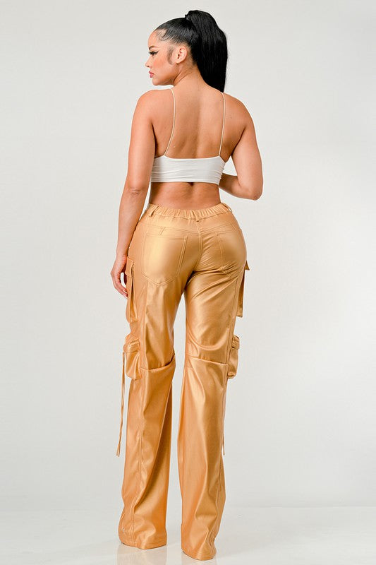 gold High Profile Faux Leather Cargo Pants