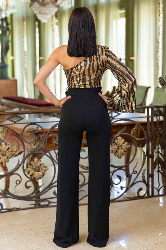 back view of One shoulder Sequin Zebra Print Jumpsuit