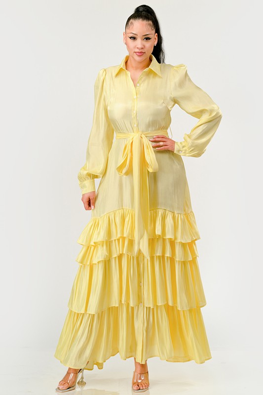 Yellow flowy tiered maxi dress with self tie waist belt
