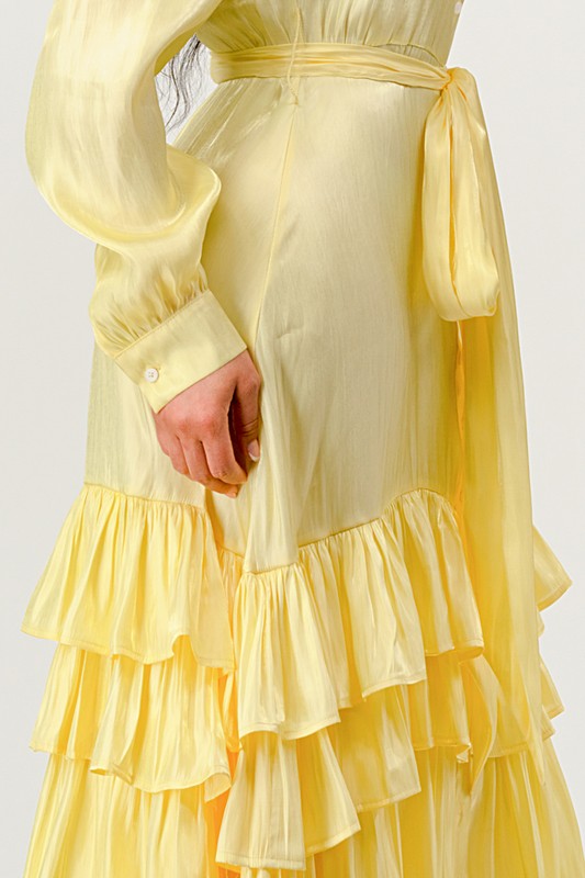Yellow flowy tiered maxi dress with self tie waist belt