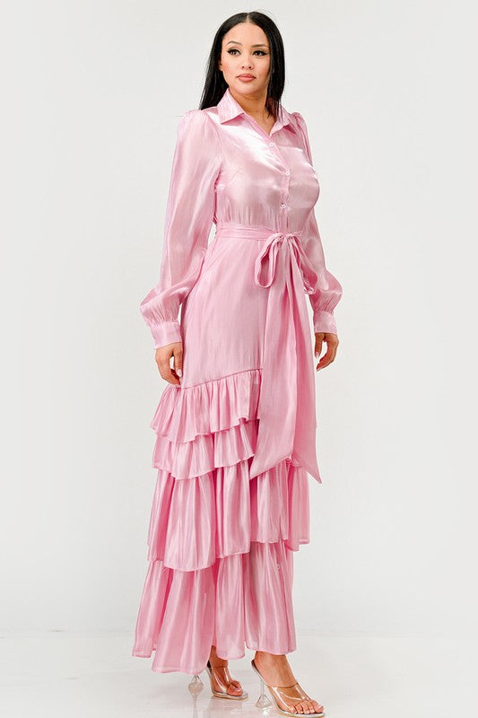 Pink flowy tiered maxi dress with self tie waist belt