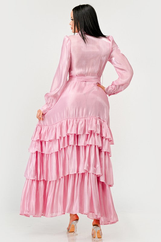 Pink flowy tiered maxi dress with self tie waist belt