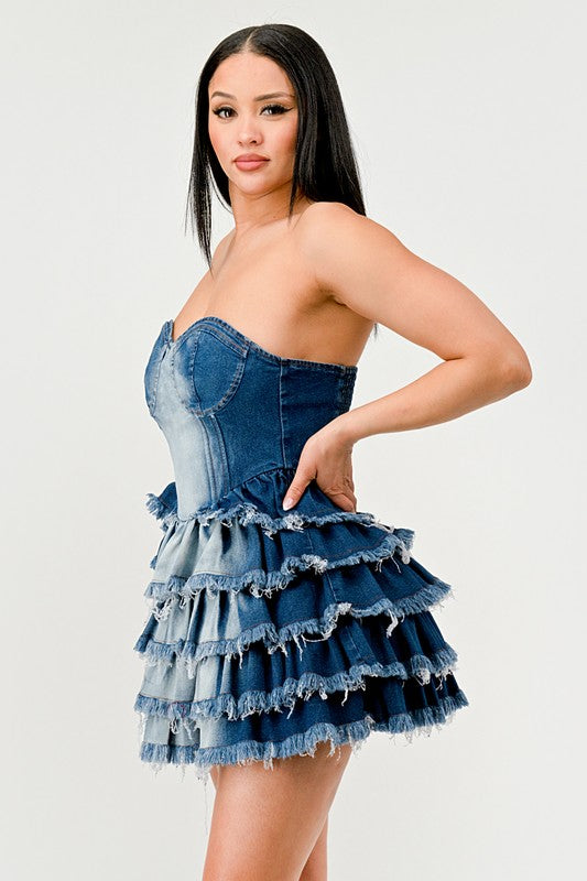 classic denim mini dress with ruffles