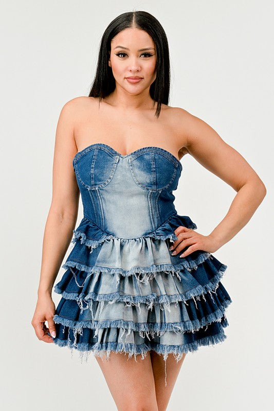 washed denim dress with tiered ruffles