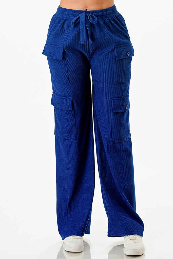close up of model wearing royal blue Tie Front Corduroy Cargo Pants