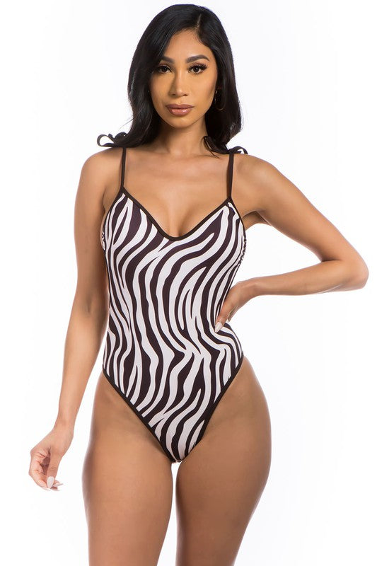 Brown One-Piece Zebra Print Swimsuit