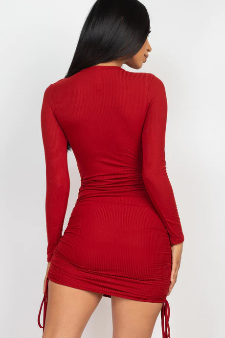 red Ribbed Long Sleeve Drawstring Bodycon Midi Dress
