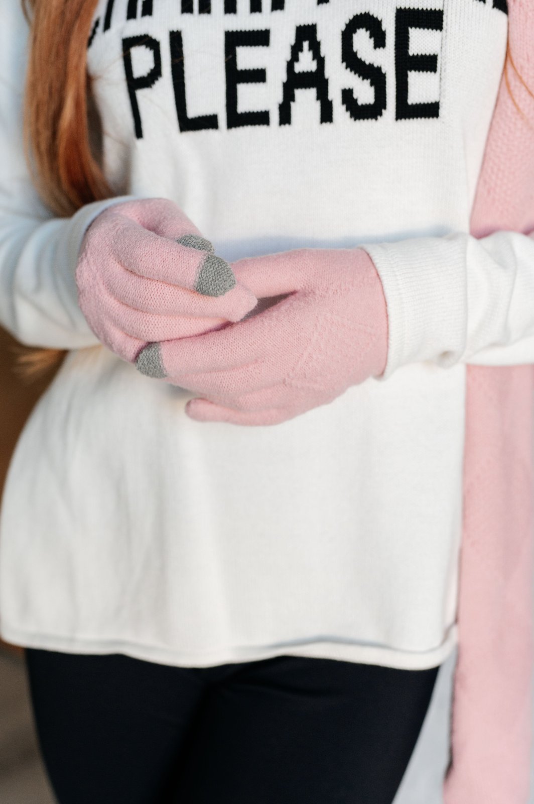 pink beanie gloves and scarf