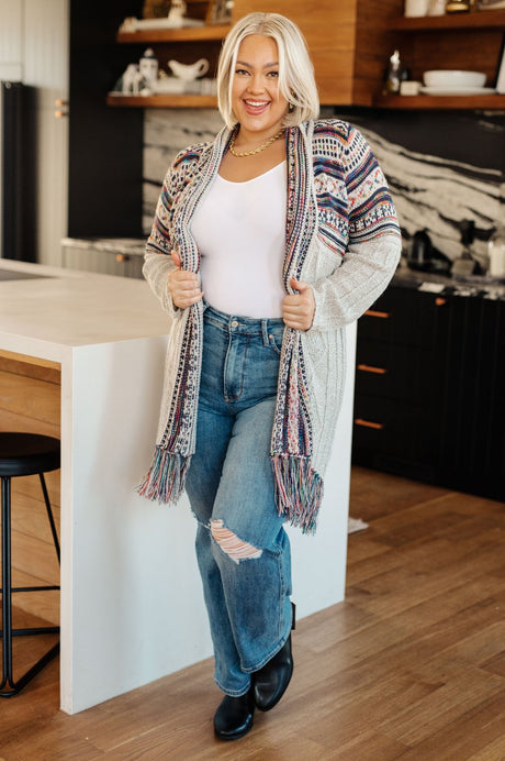 plus size Grey Rainbow Print Fringe Cardigan