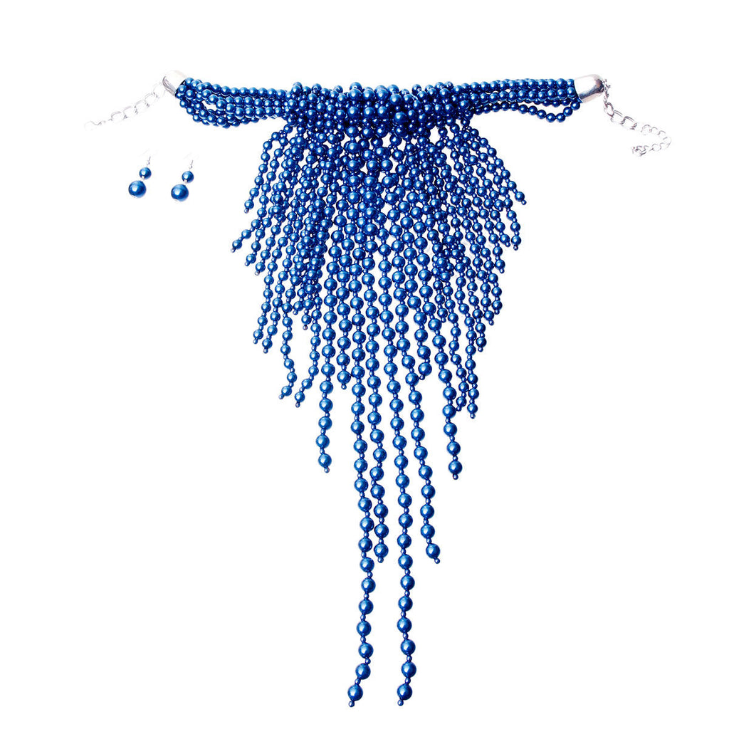 Pearl Necklace Royal Blue Fringe Set for Women