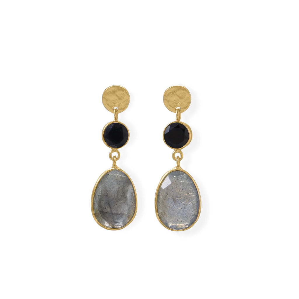 14 karat gold plated sterling silver post earrings feature 6mm black onyx and 14.7mm x 11.2mm labradorite. Earring has a total hanging length of 34.5mm.