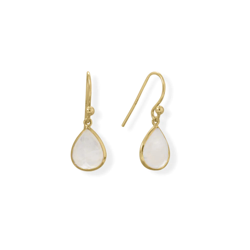 14 karat gold plated sterling silver french wire earrings feature bezel set faceted 8mm x 10mm pear shaped rainbow moonstones. Hanging length is 25mm. .925 Sterling Silver