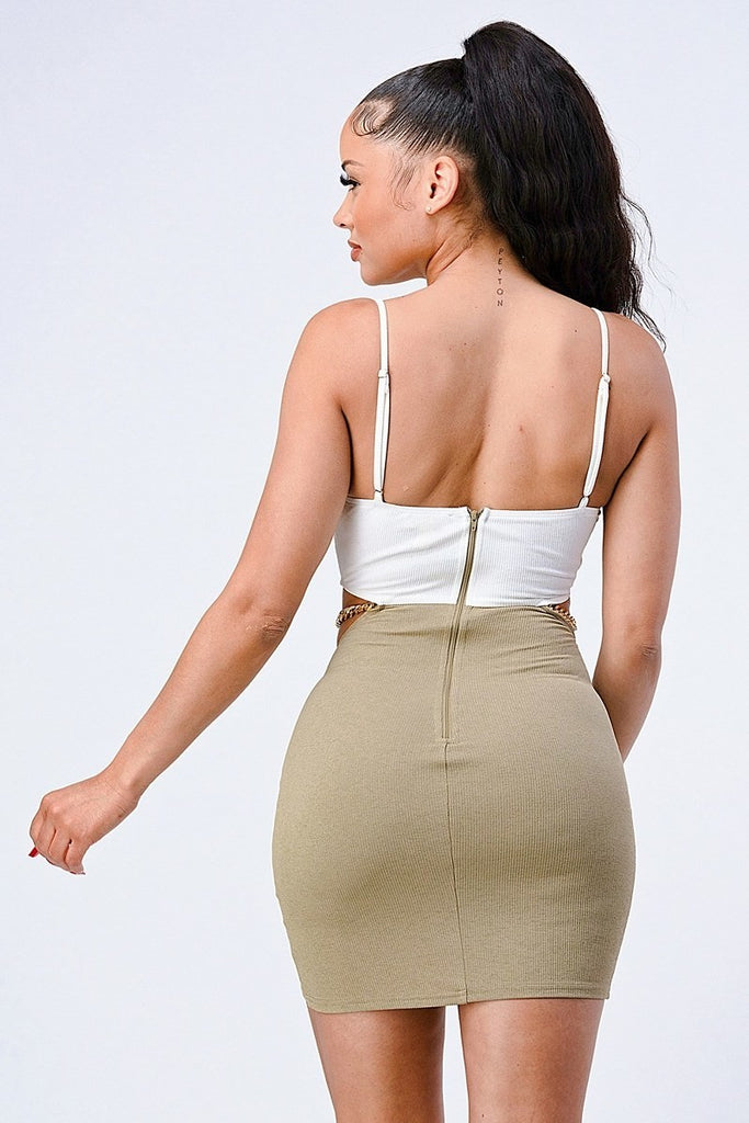 back view of model wearing Bralette Top Side Cut Out Gold Chain Bodycon Mini Dress