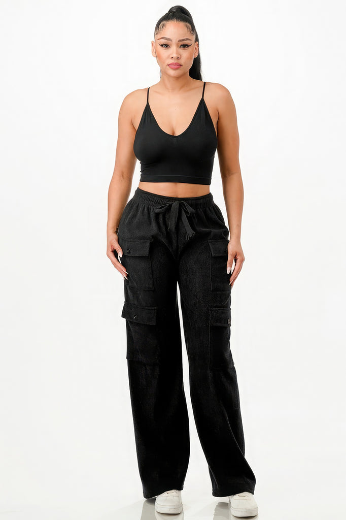 model wearing Black Tie Front Corduroy Cargo Pants with a Black cami top