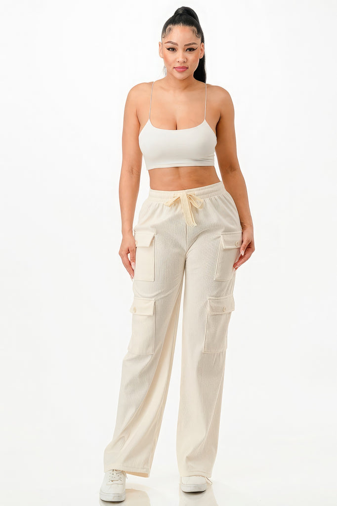model wearing cream color Tie Front Corduroy Cargo Pants with a white cami top