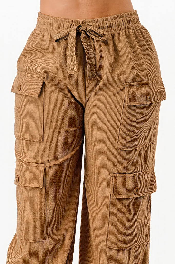 close up view of khaki Tie Front Corduroy Cargo Pants