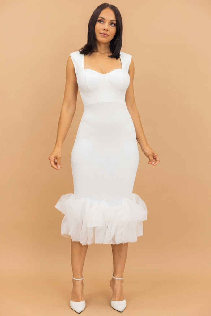 Model wearing white Organza Ruffle midi Dress