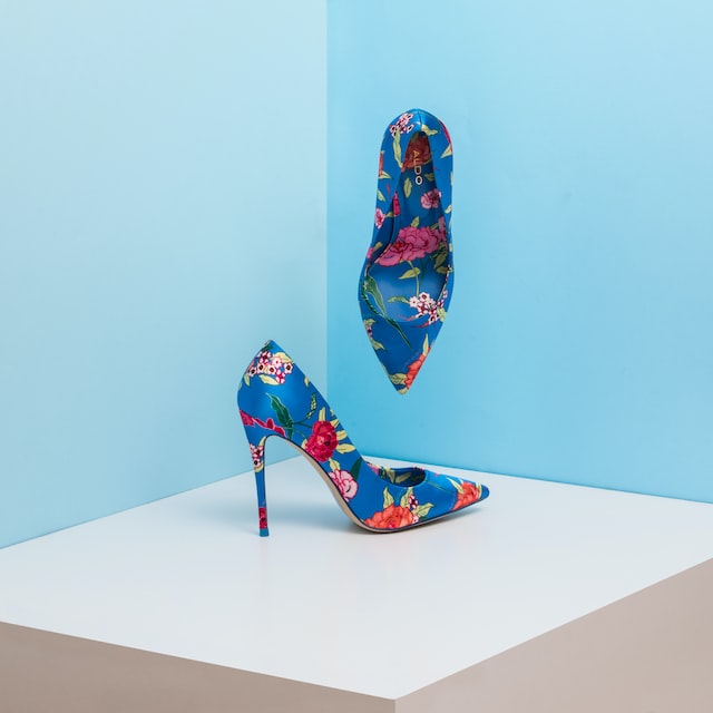 blue floral print high heel stilettos