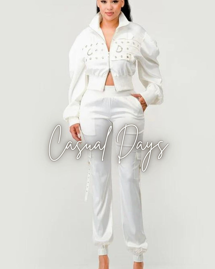 White casual jacket and pant set. Casual Days collection at Divva Style