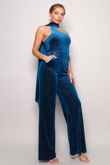 teal Glittery Velvet Scarf Top Jumpsuit