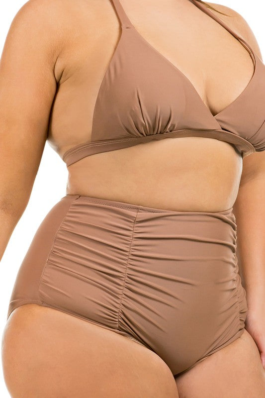 close up of coffee Plus Size Ruched Front High Waisted Bikini