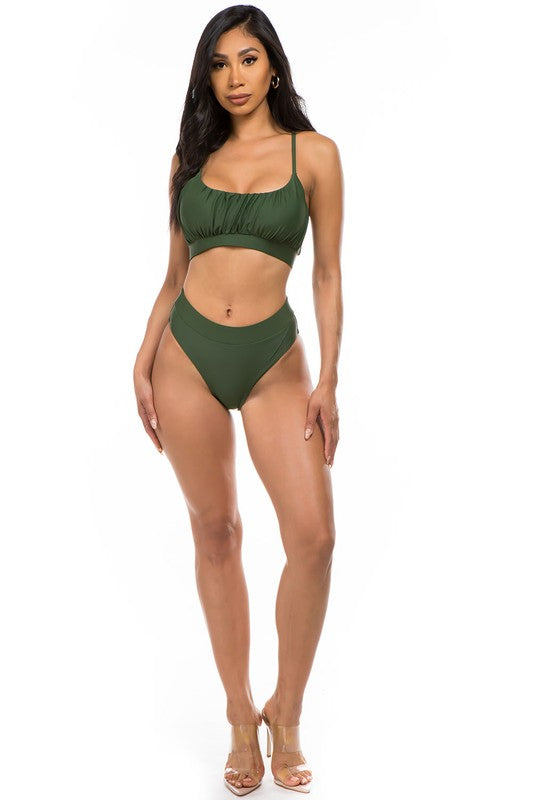 full view of model wearing hunter green Ruched Top High Waisted Bikini 