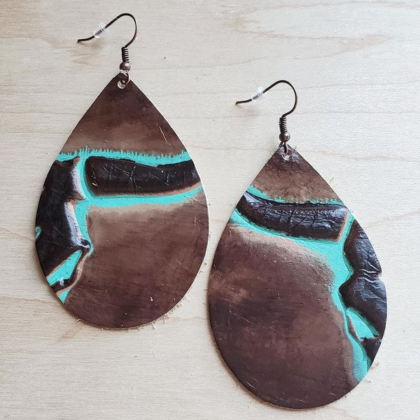 Brown/Turquoise Steer Head Leather Earrings