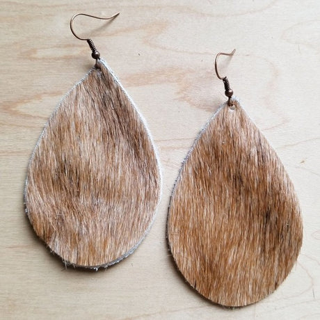 Tan and White Hair Leather Teardrop Earrings