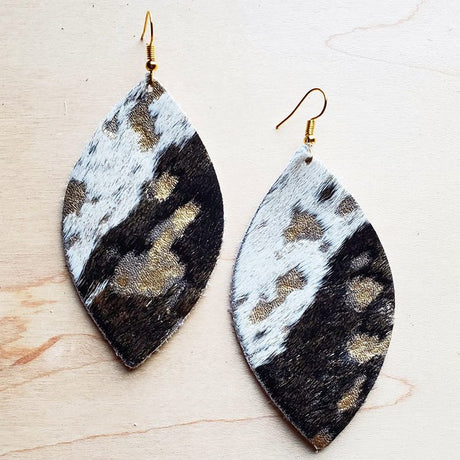 Mixed Metallic Hair on Hide Leather Oval Earrings