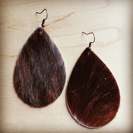 Brown Hair on Hide Leather Teardrop Earrings