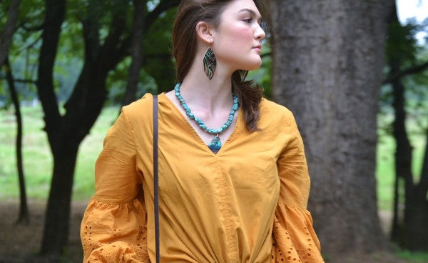 Turquoise/Brown Floral Leather Oval Earrings