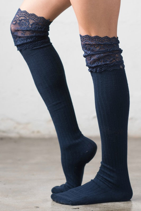 navy blue Lace Topped Knee-High Socks