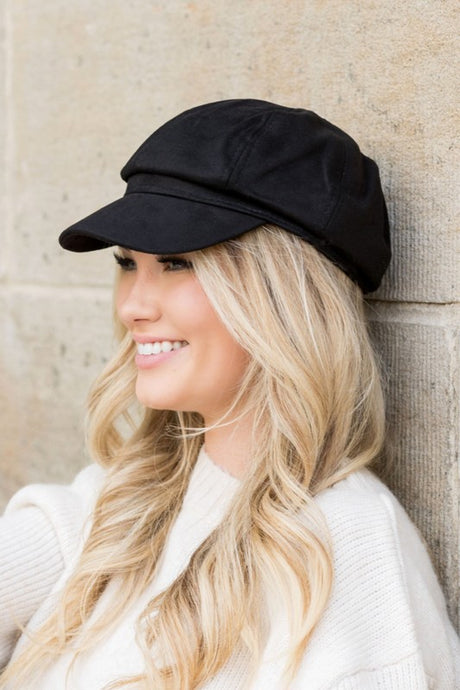 Black Faux Suede Newsboy Cap