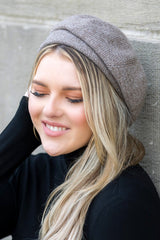 taupe Micro Herringbone Print Beret